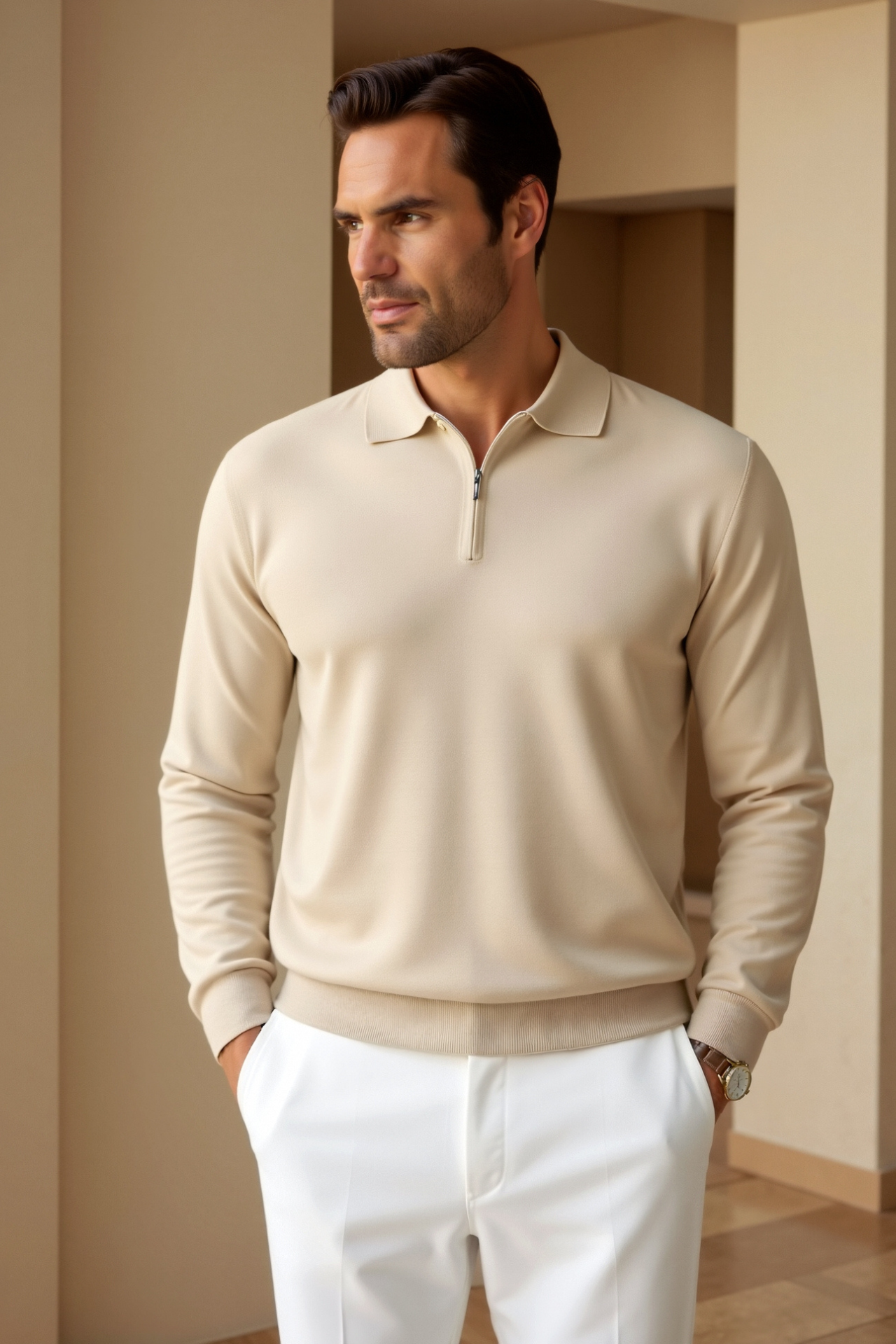 milan | heren polo met rits beige