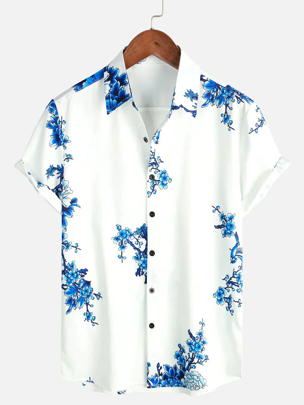 milan | zomeroverhemd korte mouw wit bloemenprint blauw