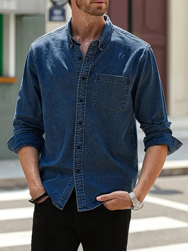 daan | casual denim shirt met lange mouwen marineblauw