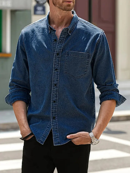 daan | casual denim shirt met lange mouwen marineblauw
