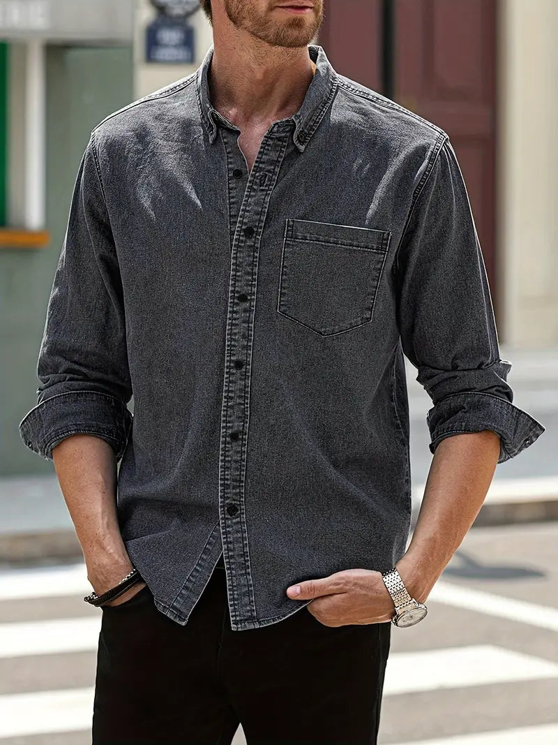 daan | casual denim shirt met lange mouwen grijs