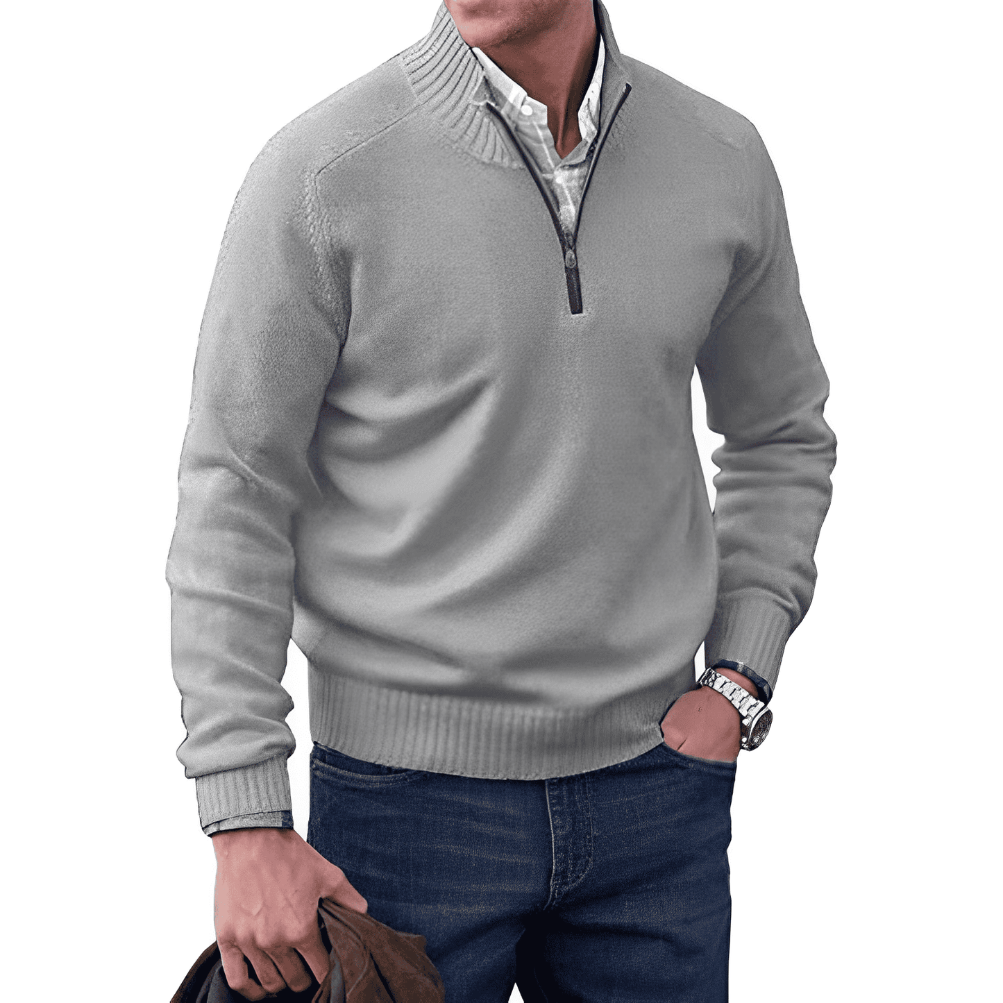 lars | kasjmier pullover met rits lichtgrijs