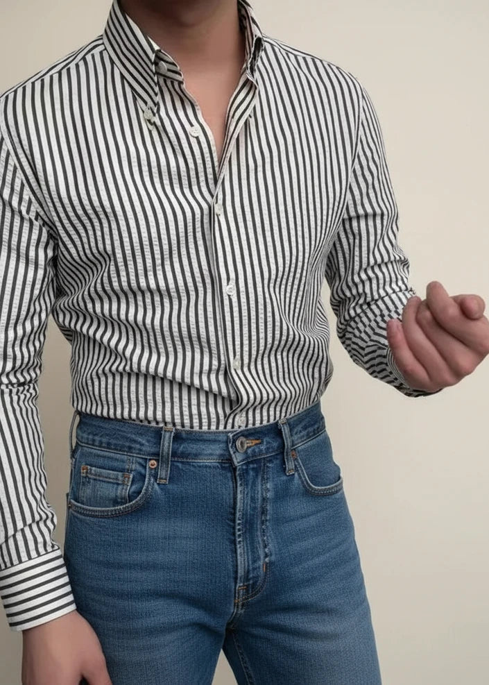 sem | gestreept casual overhemd met knoopsluiting zwart