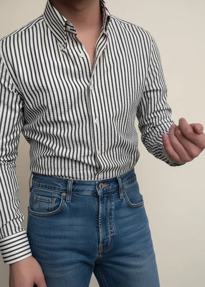 sem | gestreept casual overhemd met knoopsluiting zwart