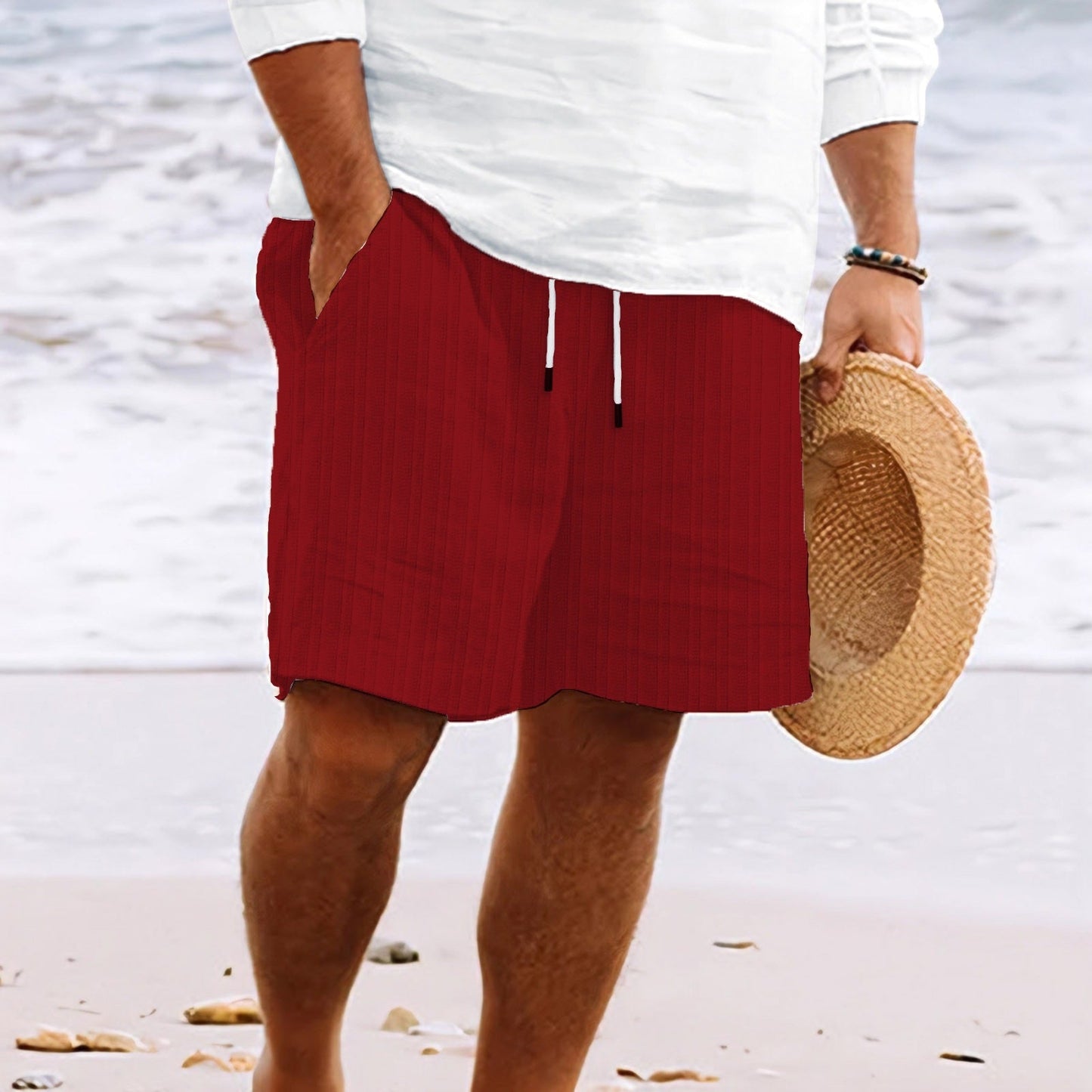 luuk | gestreepte strandshorts met trekkoord donkerrood