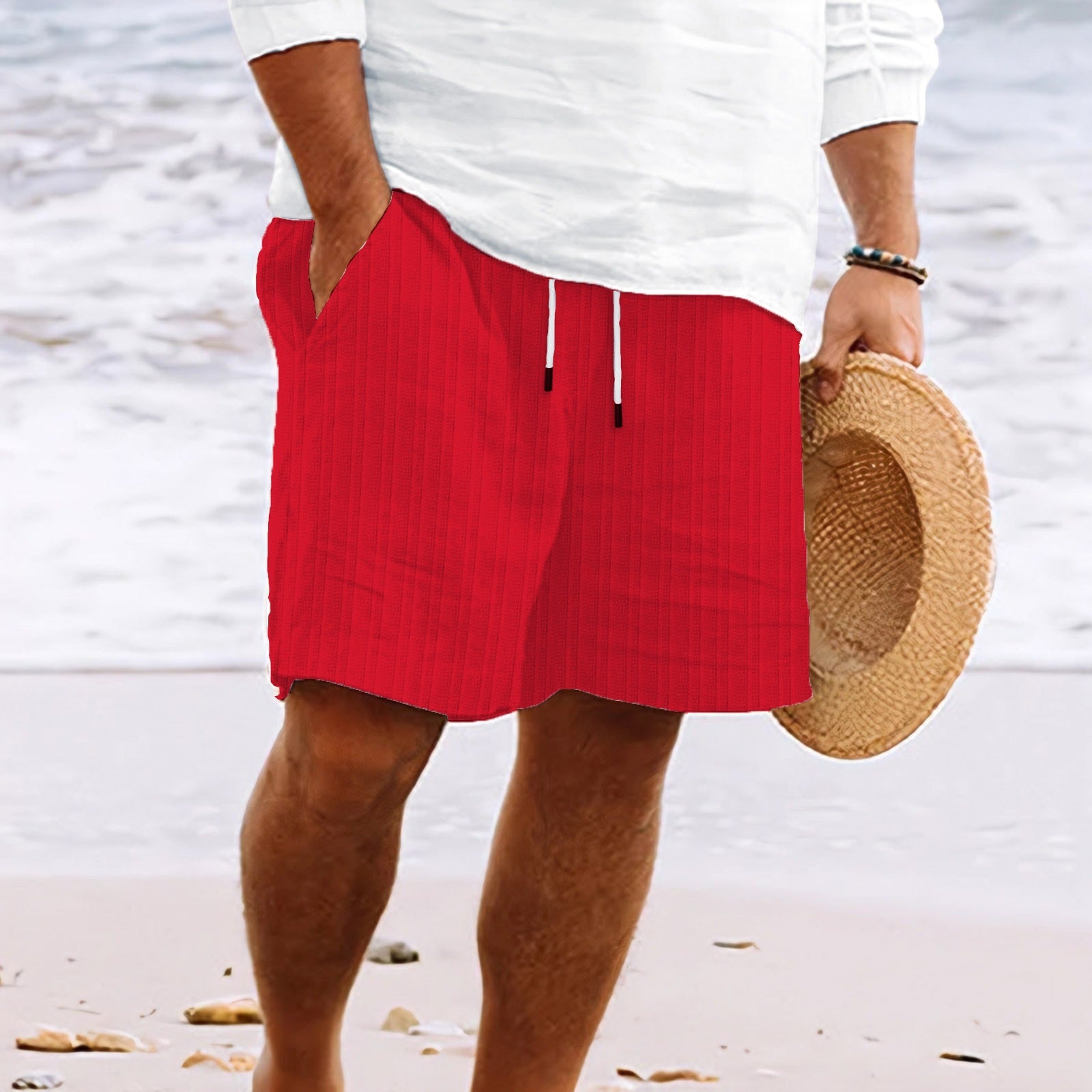 luuk | gestreepte strandshorts met trekkoord rood