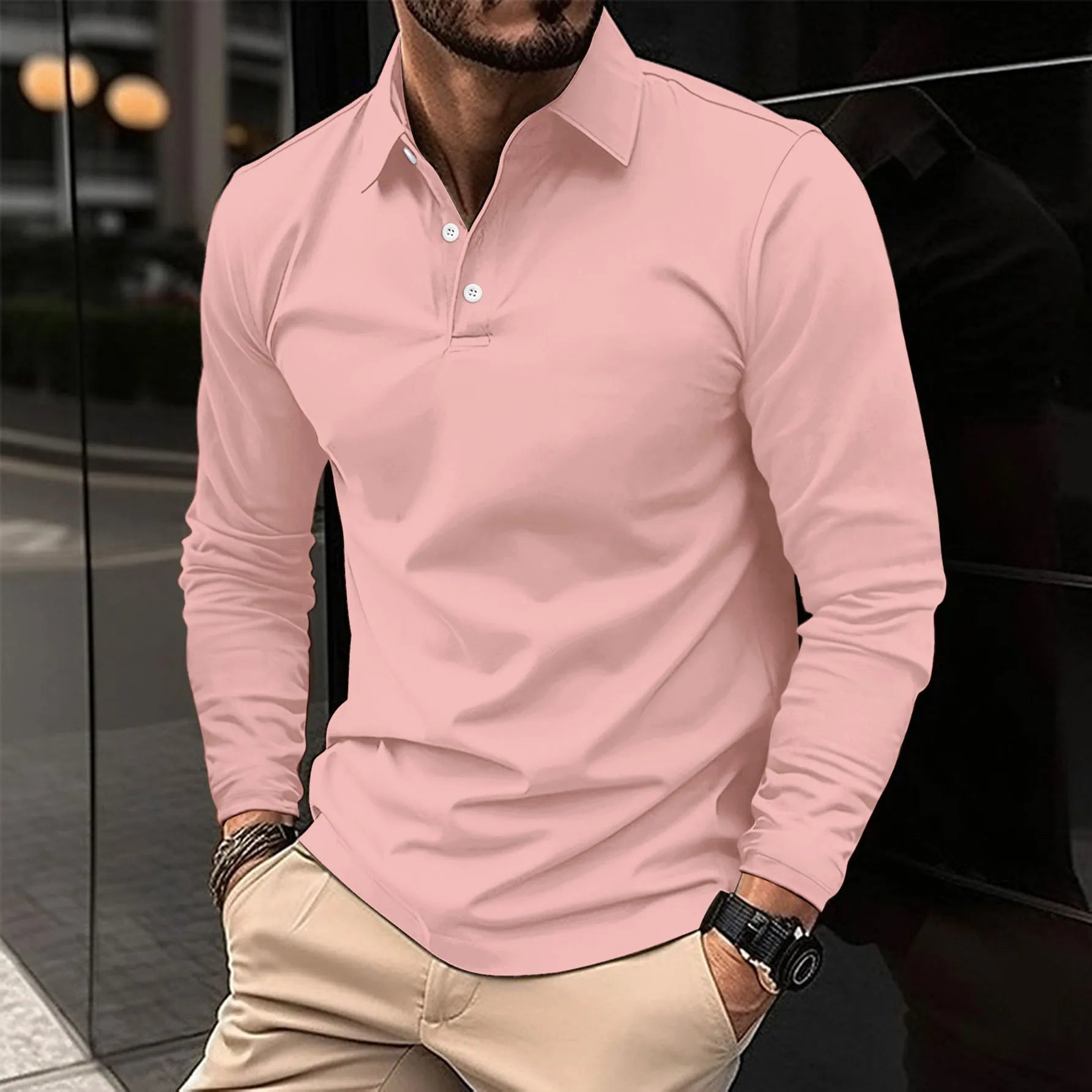 lars | klassiek langarm poloshirt roze