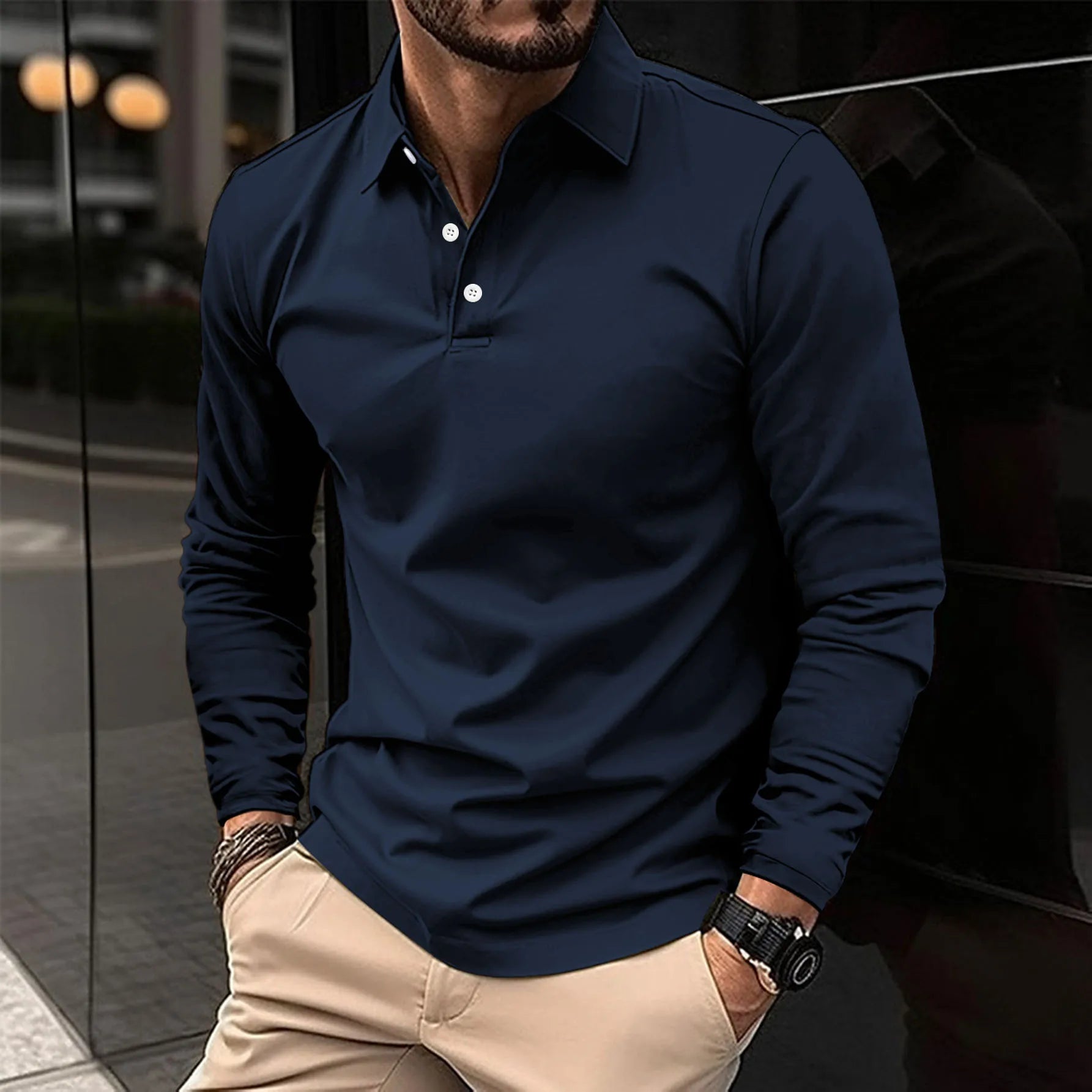 lars | klassiek langarm poloshirt blauw