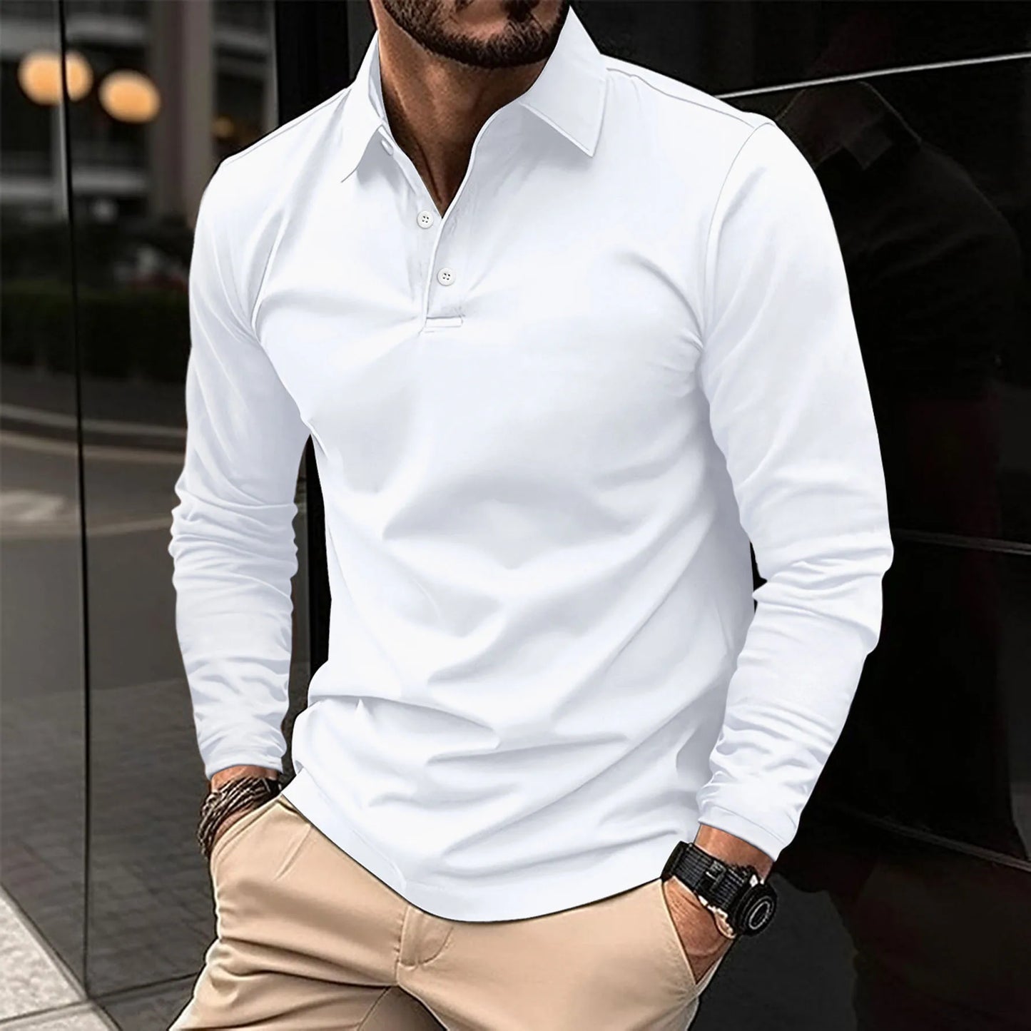 lars | klassiek langarm poloshirt wit