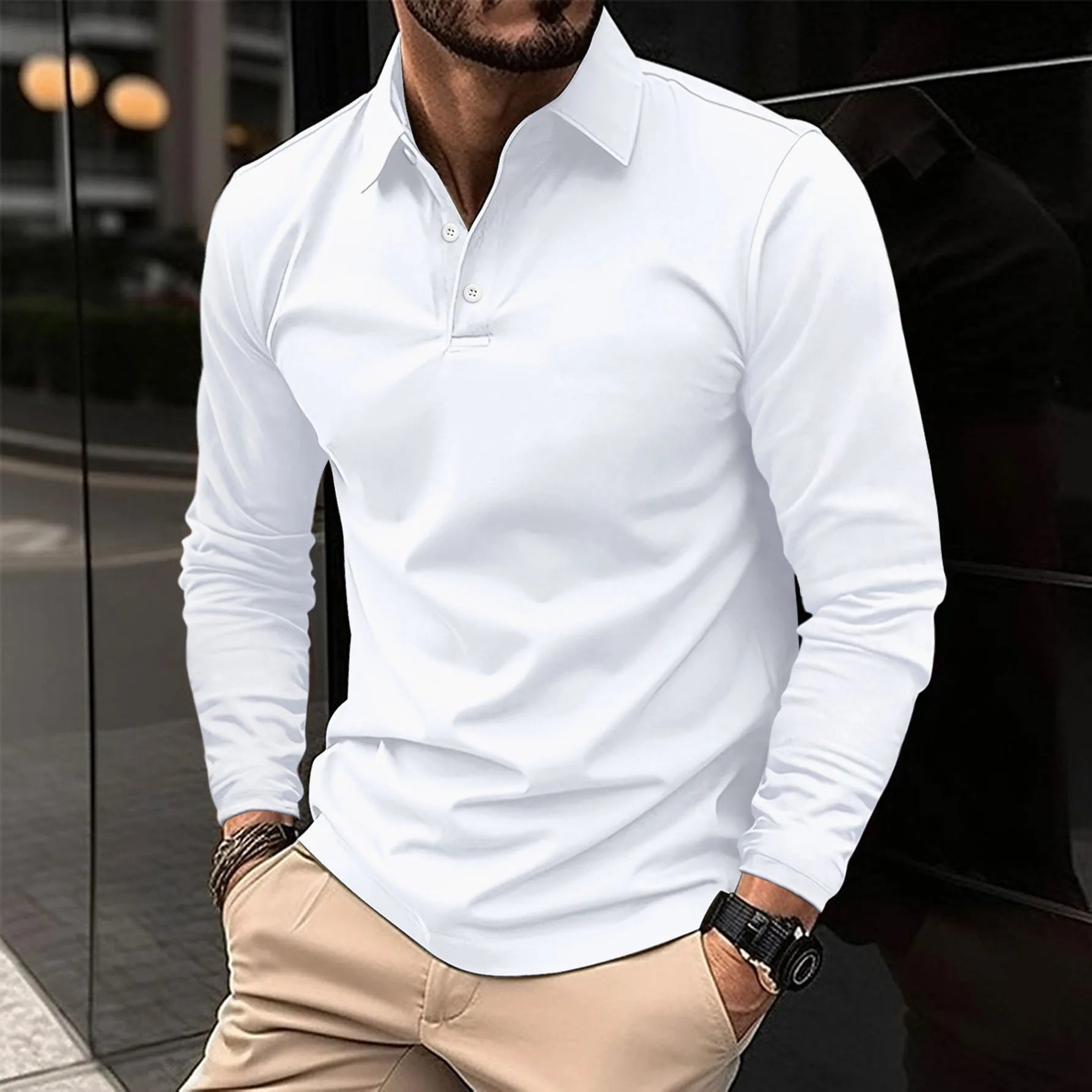 lars | klassiek langarm poloshirt wit