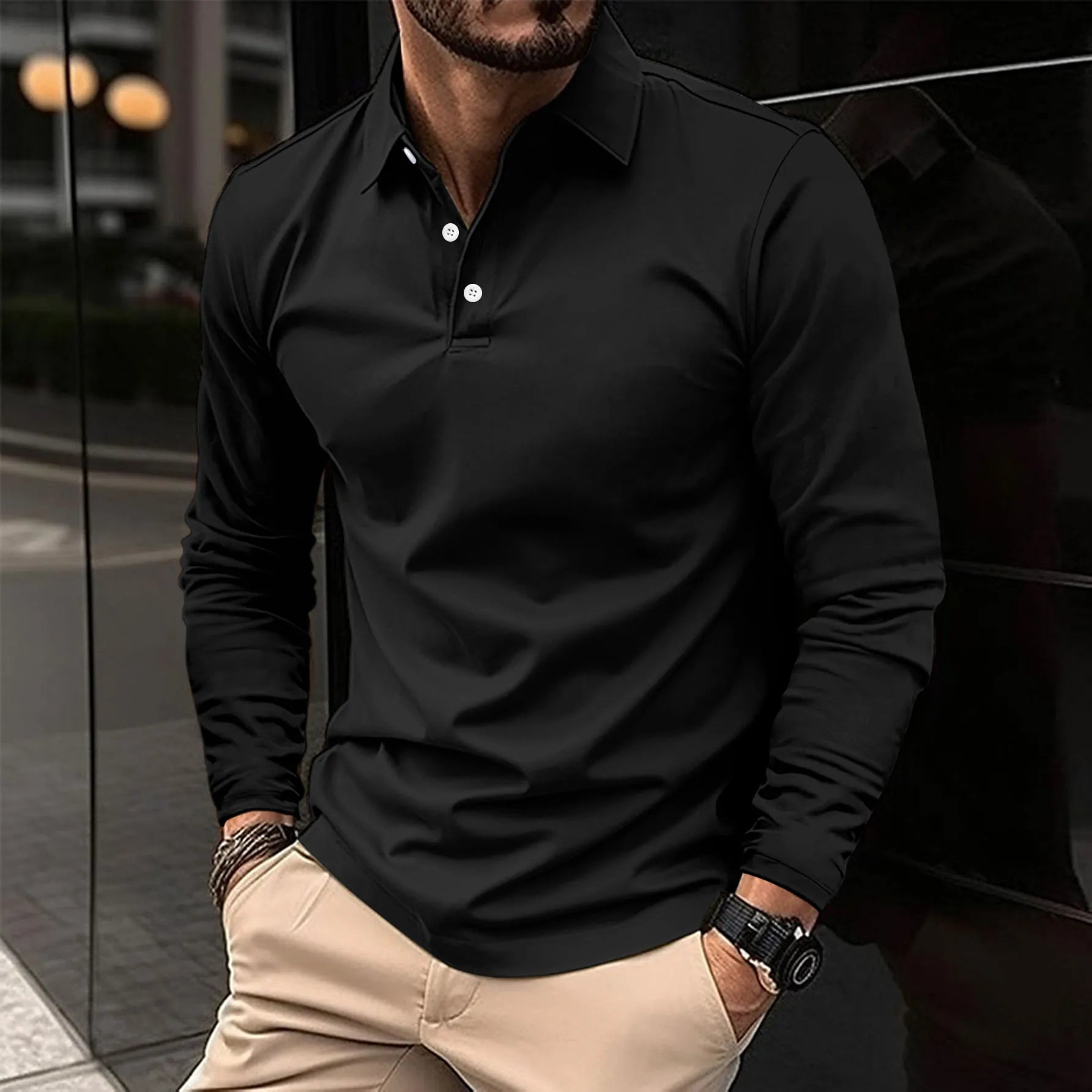lars | klassiek langarm poloshirt zwart