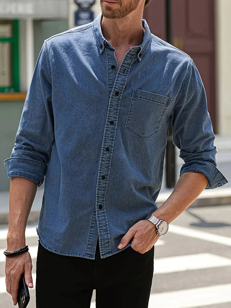 daan | casual denim shirt met lange mouwen zeeblauw