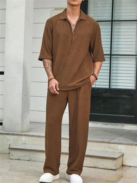 lars | comfort set met asymmetrische cardigan bruin