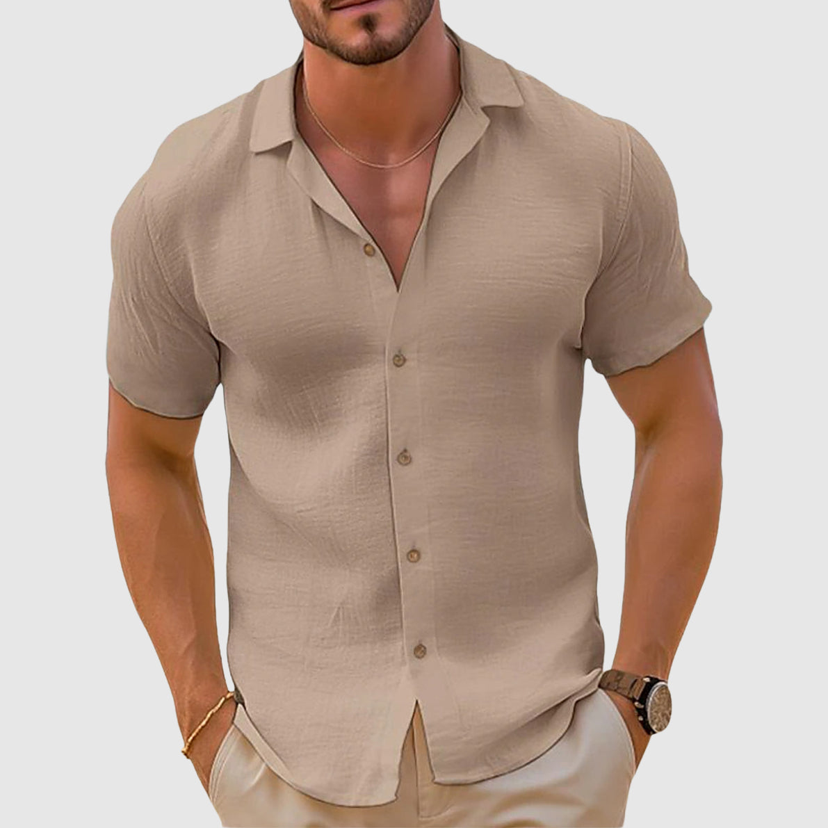 daan | casual korte mouw overhemd met knopen khaki