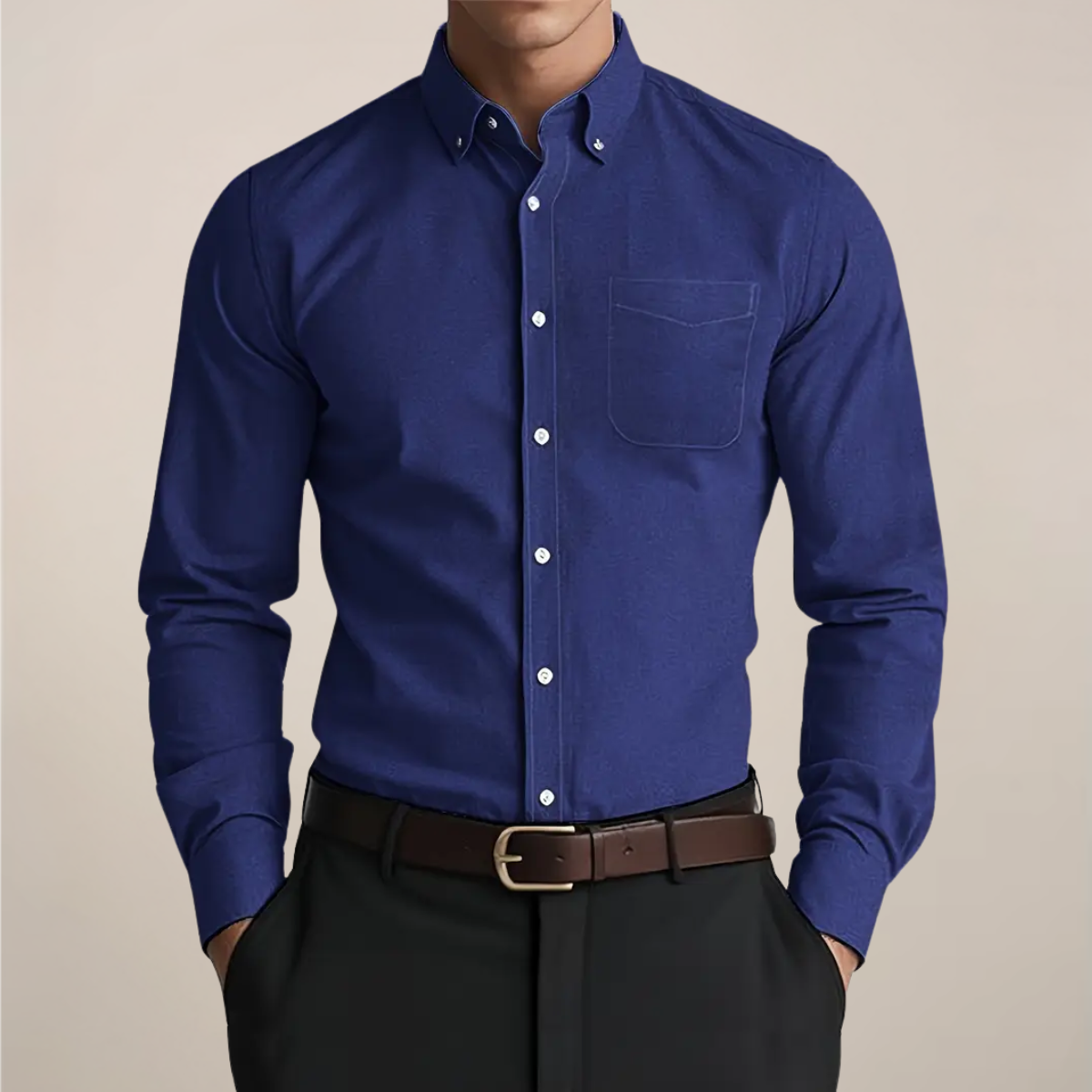 jens | klassiek langarm button-down overhemd marineblauw