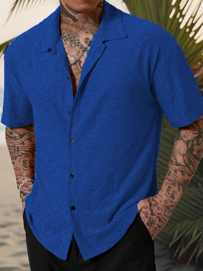 lars | heren korte mouw overhemd met structuurpatroon blauw